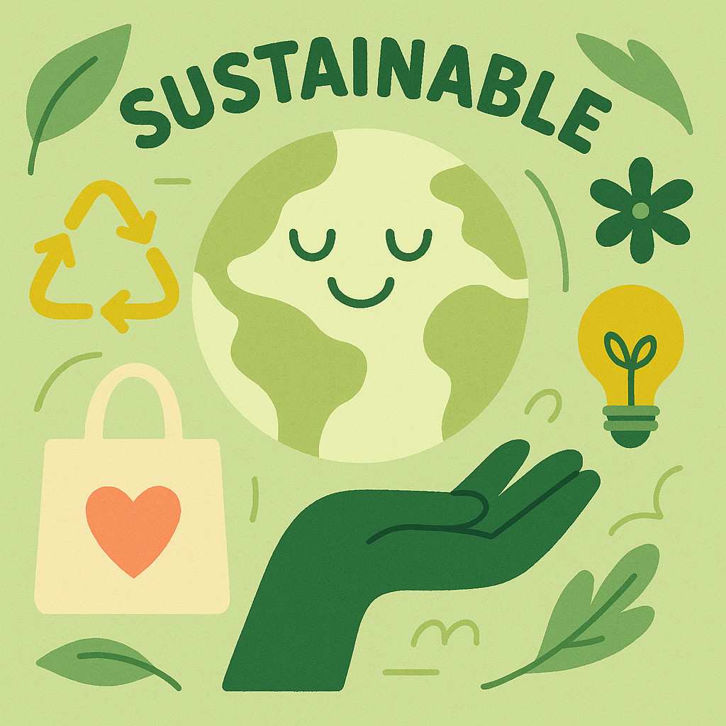 Mano sosteniendo un planeta sonriente, con símbolos de sostenibilidad y naturaleza.